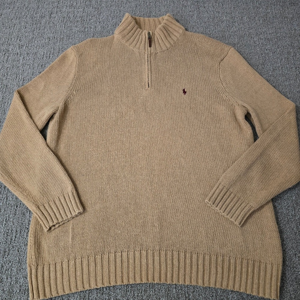 Vintage Polo Ralph Lauren 2XLT Brown Cotton Quarter Zip Sweater Preppy